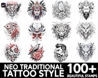Neo Traditionelles Tattoo Procreate Pinselset: 100+ Stilstempel (Digitaler Download)