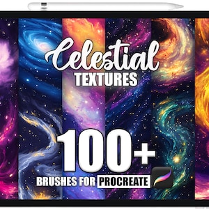 Może przedstawiać: Tablet cyfrowy wyświetla kolekcję tekstur niebieskich. Tekst "Celestial TEXTURES" jest w czcionce skryptowej, z "100+ BRUSHES FOR PROCREATE" poniżej. Tło zawiera żywe wiry kolorów, w tym odcienie niebieskiego, fioletowego i pomarańczowego.