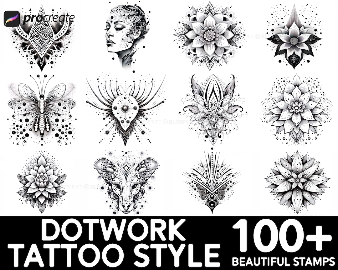100 Dotwork Tattoo Procreate Brush Set Unique Tattoo Style Stamp