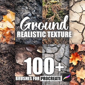 May include: A collage of six different ground textures, including dirt, leaves, and cracked pavement. The text "Ground Realistic Texture 100+ Brushes for Procreate" is displayed on the image.