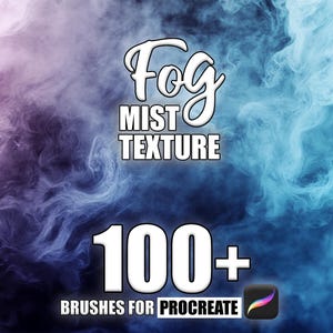 May include: A digital illustration of swirling blue and purple smoke with the text "Fog Mist Texture 100+ Brushes for Procreate" in white.