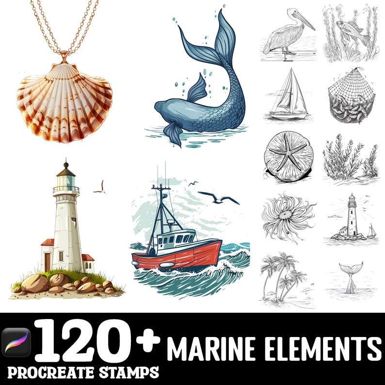 100+ Marine Elements Procreate Brush Set | Procreate Stamp Brushes ...