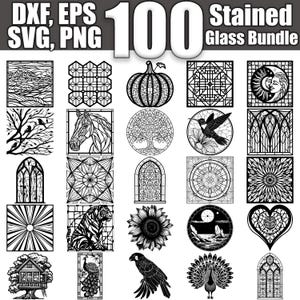 Può includere: Una collezione di 100 disegni di vetrate in bianco e nero. I disegni includono una varietà di temi, come animali, natura e motivi geometrici. DXF, EPS, SVG, PNG.