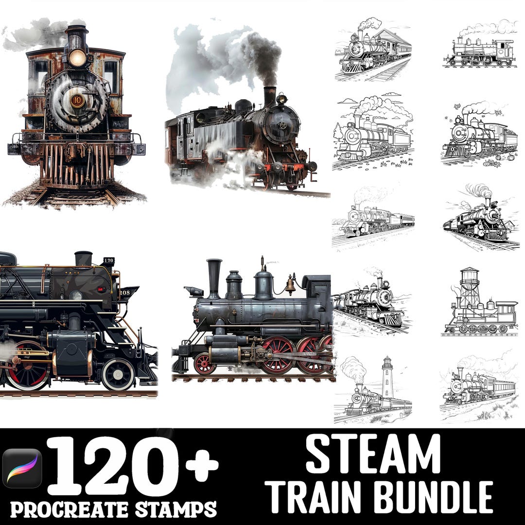 128+ Steam Train Procreate Brush Set | Stamps for Procreate | Instant ...