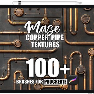 May include: An iPad displays a digital art design featuring a maze of copper pipes against a dark gray background. The text reads "Maze Copper Pipe Textures" and "100+ Brushes for Procreate."