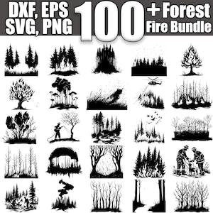 Puede incluir: Una colección de más de 100 diseños digitales con temática de incendios forestales en blanco y negro. Los diseños incluyen ilustraciones de árboles, bosques, fuego y bomberos. La imagen también incluye el texto "DXF, EPS, SVG, PNG" y "100 + Forest Fire Bundle."