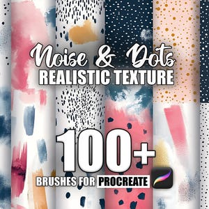 Puede incluir: Una ilustración digital de un conjunto de más de 100 pinceles de Procreate que presentan varios patrones de ruido y puntos. Los patrones son en tonos de rosa, azul, blanco y negro. El texto "Noise & Dots Realistic Texture" y "100+ Brushes for Procreate" se incluye en la imagen.