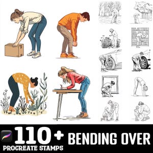 Puede incluir: Un conjunto de más de 110 sellos digitales con ilustraciones de personas agachándose en varias poses. Los sellos están diseñados para su uso en Procreate, una aplicación de arte digital.