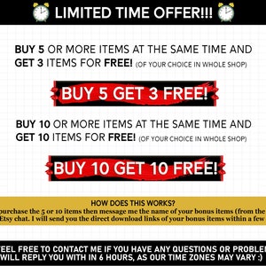 Pu&ograve; includere: Una grafica rossa e nera con testo bianco che dice "OFFERTA A TEMPO LIMITATO!!!" e descrive un'offerta di compra 5 e prendi 3 gratis e compra 10 e prendi 10 gratis. Il testo spiega che l'offerta &egrave; valida per gli articoli del negozio e che l'acquirente pu&ograve; scegliere gli articoli che desidera.