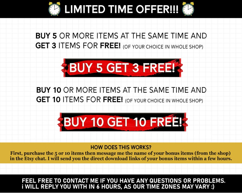 Pu&ograve; includere: Una grafica rossa e nera con testo bianco che dice "OFFERTA A TEMPO LIMITATO!!!" e descrive un'offerta di compra 5 e prendi 3 gratis e compra 10 e prendi 10 gratis. Il testo spiega che l'offerta &egrave; valida per gli articoli del negozio e che l'acquirente pu&ograve; scegliere gli articoli che desidera.