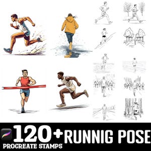 May include: A set of 120+ running pose Procreate stamps. The stamps feature various running poses, including runners crossing the finish line, running in a group, and running in different weather conditions.