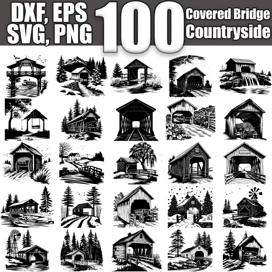 Covered Bridge SVG Bundle: 100 Countryside Designs (digital Download ...