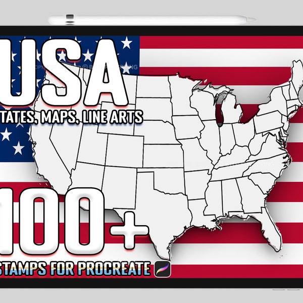 100+ USA States, Maps, Line Arts Procreate Brushes | 50 States Procreate Stamps | Instant Digital Download