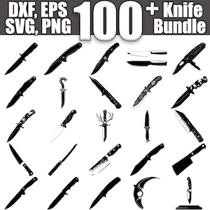 May include: A collection of 100+ black and white knife silhouettes. The image includes a variety of knife styles, including hunting knives, kitchen knives, and pocket knives.  DXF, EPS, SVG, PNG.