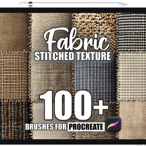 Puede incluir: Una ilustración digital de una colección de más de 100 texturas de tela para Procreate. Las texturas están cosidas juntas en un estilo patchwork y presentan una variedad de colores y patrones, incluyendo marrón, beige, gris y negro.
