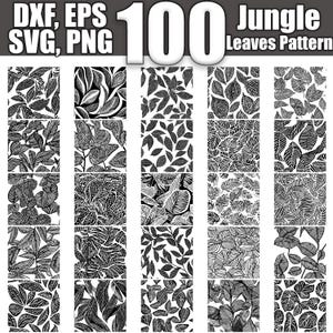 May include: A set of 100 black and white jungle leaf patterns. The patterns are arranged in a grid of 4 rows and 8 columns. Each pattern features a different design of leaves.