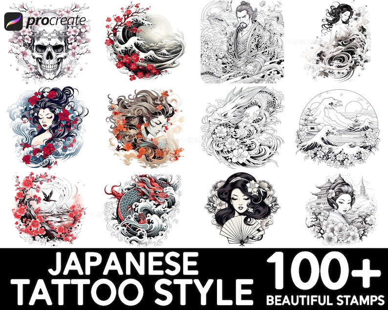100+ Japanese Tattoo Procreate Brush Set | Unique Tattoo Style Stamp ...