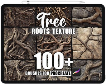 May include: A digital illustration of a tablet screen displaying a set of 100+ tree roots textures for Procreate. The image features a collage of different tree root textures in various shades of brown and gray.