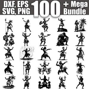 Könnte beinhalten: Ein Set mit über 100 Schwarzweiß-Silhouettenillustrationen von Menschen in traditioneller hawaiianischer Kleidung. Die Illustrationen zeigen verschiedene Posen und Aktivitäten, darunter Tanzen, Musizieren und das Halten von Speisen.