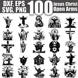 May include: A collection of 100 black and white vector illustrations of Jesus Christ with open arms. The images depict Jesus in various poses and settings, including with a cross, in a church, and with animals.