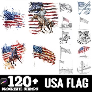May include: A set of 120+ Procreate stamps featuring various designs of the American flag. The stamps include watercolor, line art, and graphic designs of the flag in different positions and settings. The text "120+ USA FLAG PROCREATE STAMPS" is displayed at the bottom of the image.