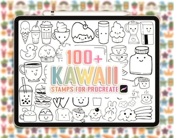 100+ Sellos Kawaii Procreate, Lindo Conjunto de Pinceles Kawaii Procreate, Sellos Kawaii dibujados a mano, Sellos Procreate