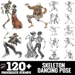May include: A set of 120+ digital stamps featuring skeletons in various dancing poses. The stamps are designed for use in Procreate, a popular digital art app.