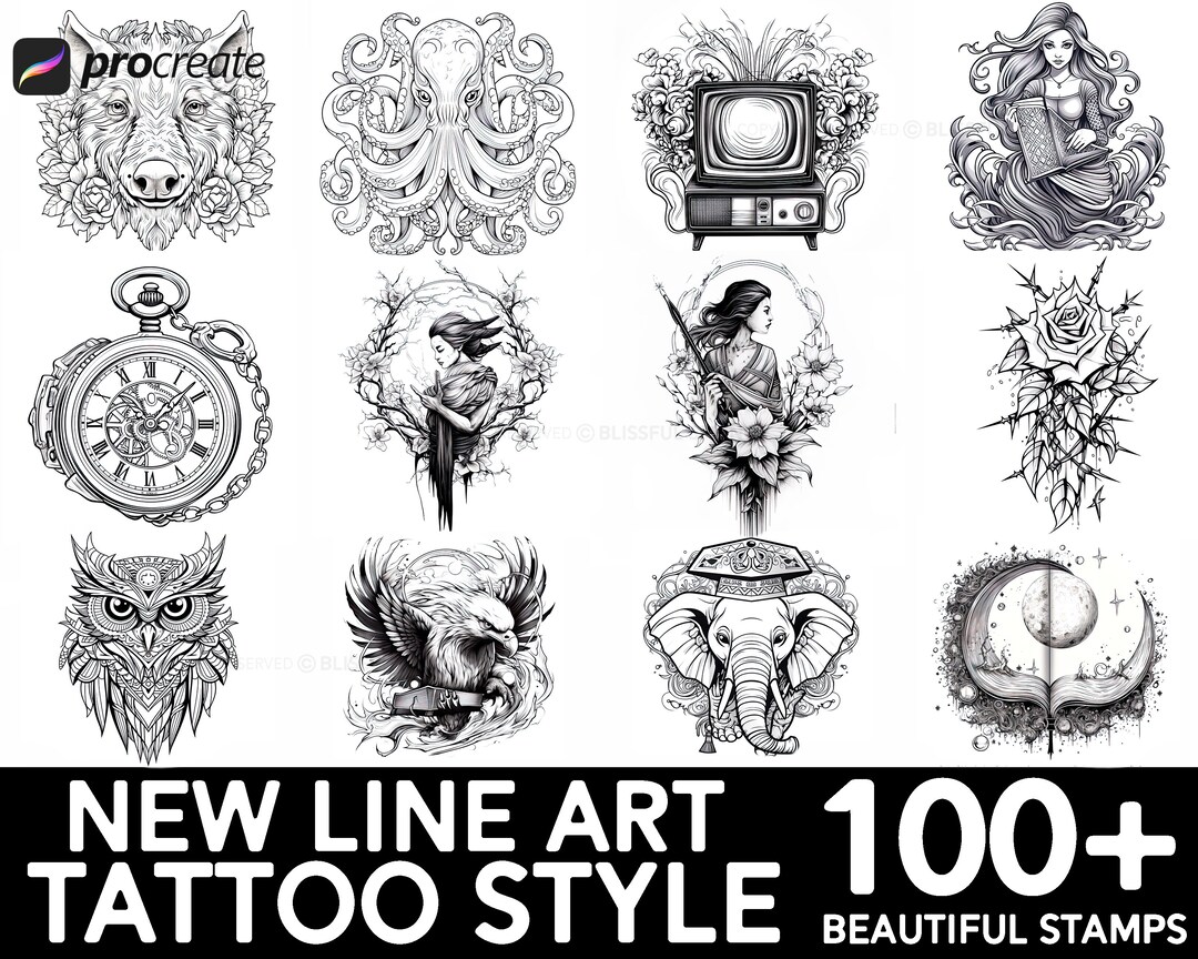 100+ New Line Tattoo Procreate Brush Set | Unique Tattoo Style Stamp ...