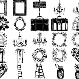 May include: A collection of black and white silhouette images, including frames, suitcases, cages, chandeliers, wreaths, hearts, ladders, jars, and a flower. The images are perfect for crafting, scrapbooking, or digital design.