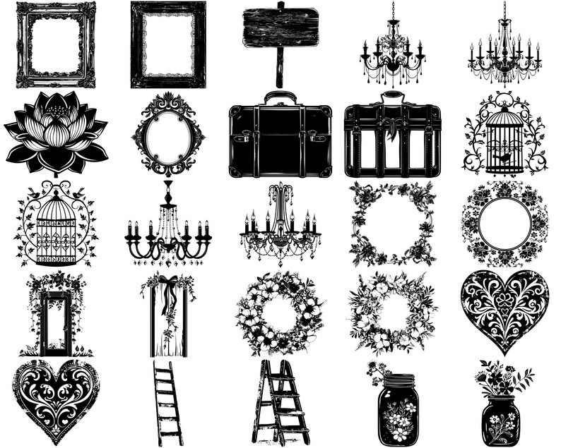 May include: A collection of black and white silhouette images, including frames, suitcases, cages, chandeliers, wreaths, hearts, ladders, jars, and a flower. The images are perfect for crafting, scrapbooking, or digital design.