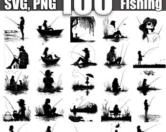 Paquete SVG de niña pescando, juego de 100, descarga digital instantánea (svg, png, dxf, eps)