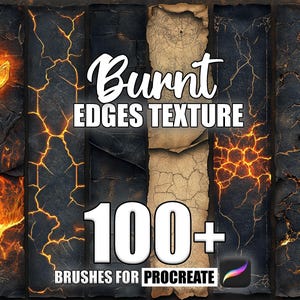May include: A digital illustration of a set of 100+ Procreate brushes featuring burnt edges textures. The image shows a variety of textures, including cracked, charred, and glowing edges.