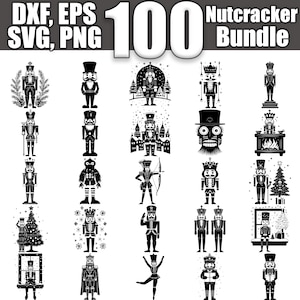 May include: A collection of 100 black and white silhouette images of nutcrackers in various poses and designs. The images include nutcrackers holding swords, drums, bows and arrows, and other festive items. The text "100 Nutcracker Bundle" is at the top of the image.