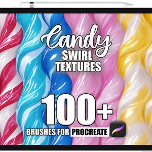 May include: A digital tablet displays colorful candy swirl textures. The image features red and white, blue and white, pink and white, and yellow and white swirled designs. Text reads "Candy Swirl Textures" and "100+ Brushes for Procreate."