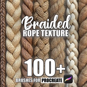 May include: A digital illustration of braided rope textures in various colors and styles. The text "Braided Rope Texture" and "100+ Brushes for Procreate" is displayed on the image.