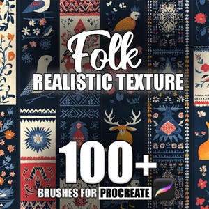 Könnte beinhalten: Folk Realistic Texture Procreate Brushes - Über 100 Pinsel für digitale Kunst mit Folkmotiven, Blumen und Tieren in einem blau-rot-weißen Farbschema.