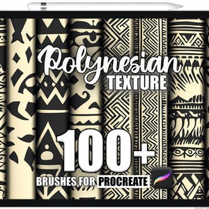 Op de afbeelding: Een digitale illustratie van meer dan 100 polynesische stijl kwasten voor Procreate. De kwasten hebben zwarte en witte geometrische patronen op een crèmekleurige achtergrond.