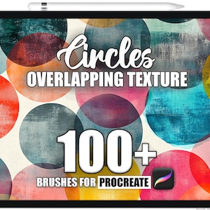 Può includere: Un'illustrazione digitale di uno schermo di tablet che mostra un set di oltre 100 pennelli Procreate per creare texture di cerchi sovrapposti. L'immagine presenta una varietà di cerchi colorati con una texture tipo grunge.