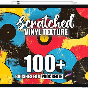 May include: A digital illustration of a tablet screen displaying a set of 100+ Procreate brushes for creating scratched vinyl textures. The image features a colourful background of overlapping vinyl records with a distressed, worn look.
