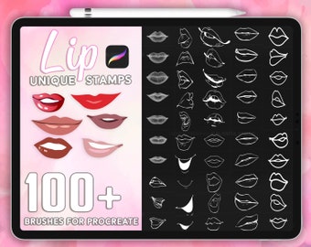May include: A digital illustration of a tablet screen displaying a set of 100+ lip stamps for Procreate. The image shows a variety of lip shapes and colors, including red, pink, and nude. The text "Lip Unique Stamps" and "100+ Brushes for Procreate" is displayed on the screen.