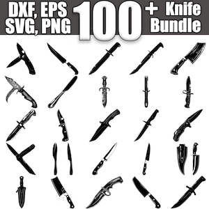 Può includere: Una collezione di oltre 100 silhouette di coltelli in bianco e nero. L'immagine include una varietà di stili di coltelli, tra cui coltelli da caccia, coltelli da tasca e coltelli da cucina. DXF, EPS, SVG, PNG.