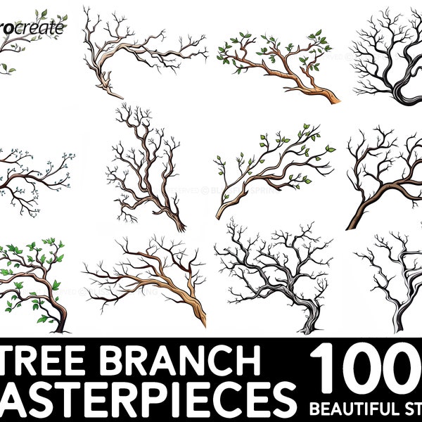 100+ Branches Procreate Brush Set | Pinceaux de timbre de branche d'arbre uniques | Téléchargement numérique instantané