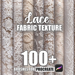 Puede incluir: Una colección de más de 100 texturas de tela de encaje para Procreate. La imagen muestra una variedad de patrones de encaje en blanco y crema.