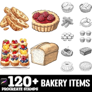 Puede incluir: Un conjunto de más de 120 artículos de panadería dibujados a mano, que incluyen pan, pasteles, tartas y galletas. Las ilustraciones son de estilo vintage y son perfectas para usar en scrapbooking digital, creación de tarjetas y otros proyectos creativos.