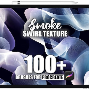 May include: A digital illustration of a tablet screen displaying a set of 100+ Procreate brushes for creating smoke swirl textures. The image features a dark background with swirling white and blue smoke-like patterns. The text "Smoke Swirl Texture" and "100+ Brushes for Procreate" are displayed on the screen.