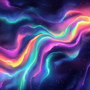 May include: Abstract digital art featuring vibrant, swirling, neon-colored streaks of light against a dark blue background with white stars.