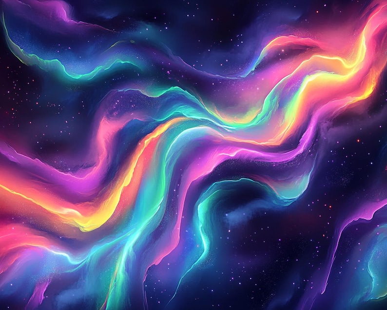 May include: Abstract digital art featuring vibrant, swirling, neon-colored streaks of light against a dark blue background with white stars.