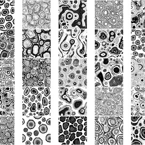 K&ouml;nnte beinhalten: Eine Sammlung von 25 Schwarzwei&szlig;-Digitalillustrationen mit abstrakten Mustern aus wirbelnden Kreisen und Linien. Die Muster erinnern an nat&uuml;rliche Texturen wie Holzmaserung oder Marmor.