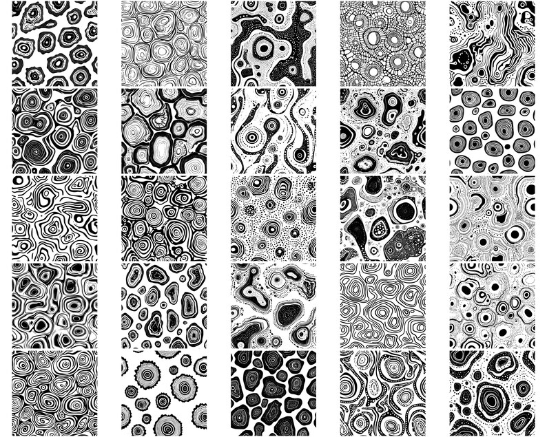 K&ouml;nnte beinhalten: Eine Sammlung von 25 Schwarzwei&szlig;-Digitalillustrationen mit abstrakten Mustern aus wirbelnden Kreisen und Linien. Die Muster erinnern an nat&uuml;rliche Texturen wie Holzmaserung oder Marmor.