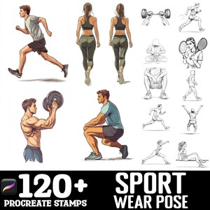 May include: A set of 120+ Procreate stamps featuring various poses of people wearing athletic clothing. The poses include running, lifting weights, and stretching. The stamps are perfect for creating illustrations and designs for sports-related projects.